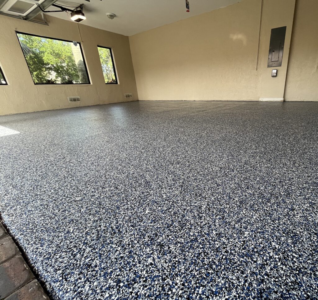 1 day Epoxy Garage Floor Installation in Miami using Orbit Blue Color Flakes and Polyaspartic topcoat