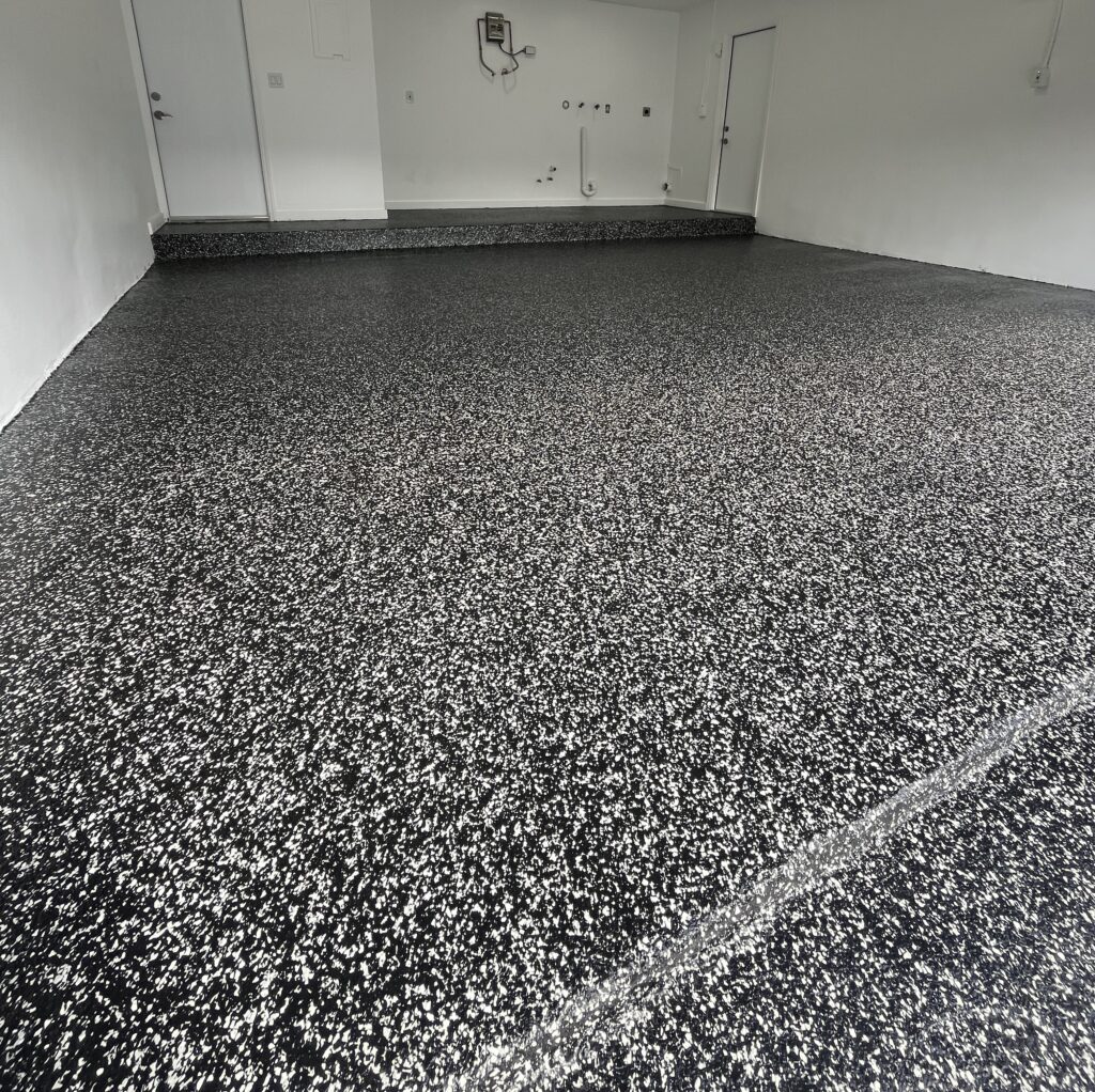 1 day Epoxy Garage Floor Installation in Miami using Raven Color Flakes and Polyaspartic topcoat